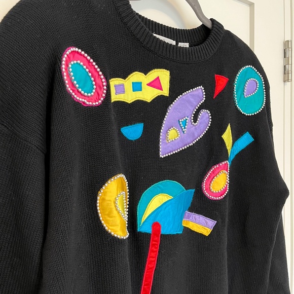 Andre Christian Black Vintage 80s Bold Fun Graphic Bead Embellished Sweater - Picture 2 of 7